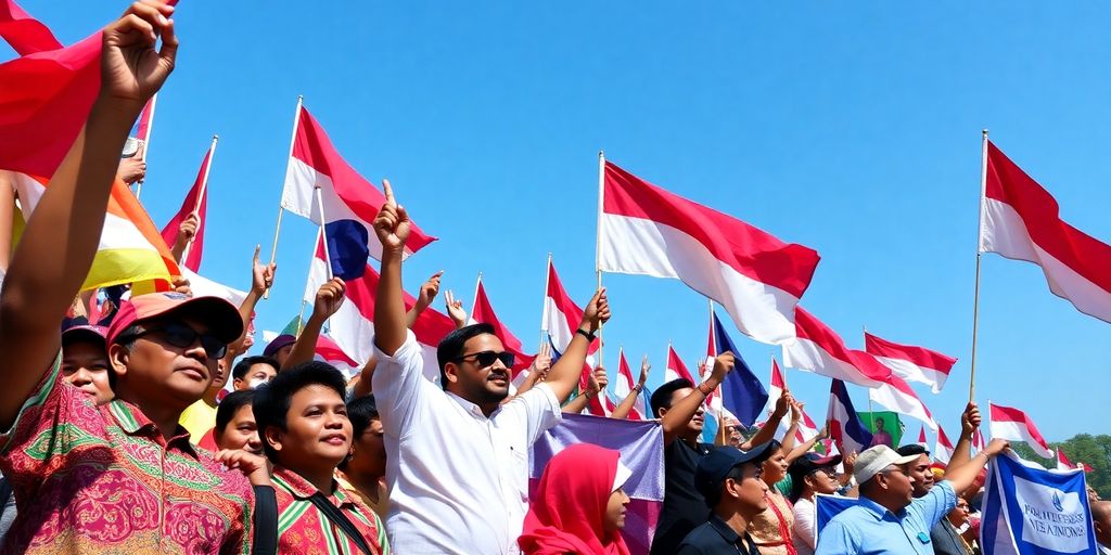 Rally politik dengan bendera dan pendukung antusias.