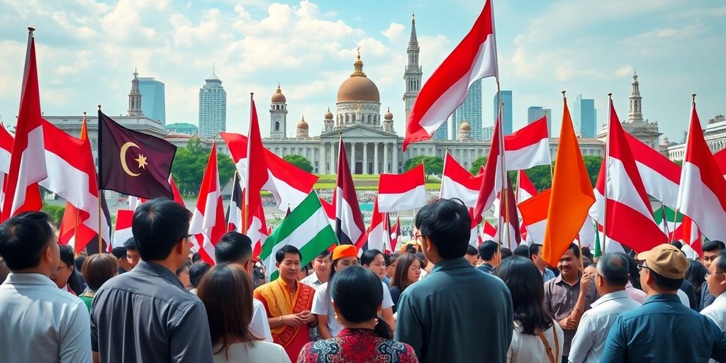 Foto berbagai bendera partai politik Indonesia dan orang-orang.